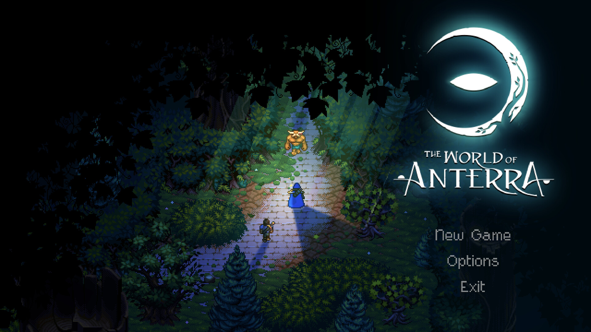 World of Anterra pixel-art screenshot: title screen with the Anterra logo beside a moonlit forest path and an orange creature ahead.