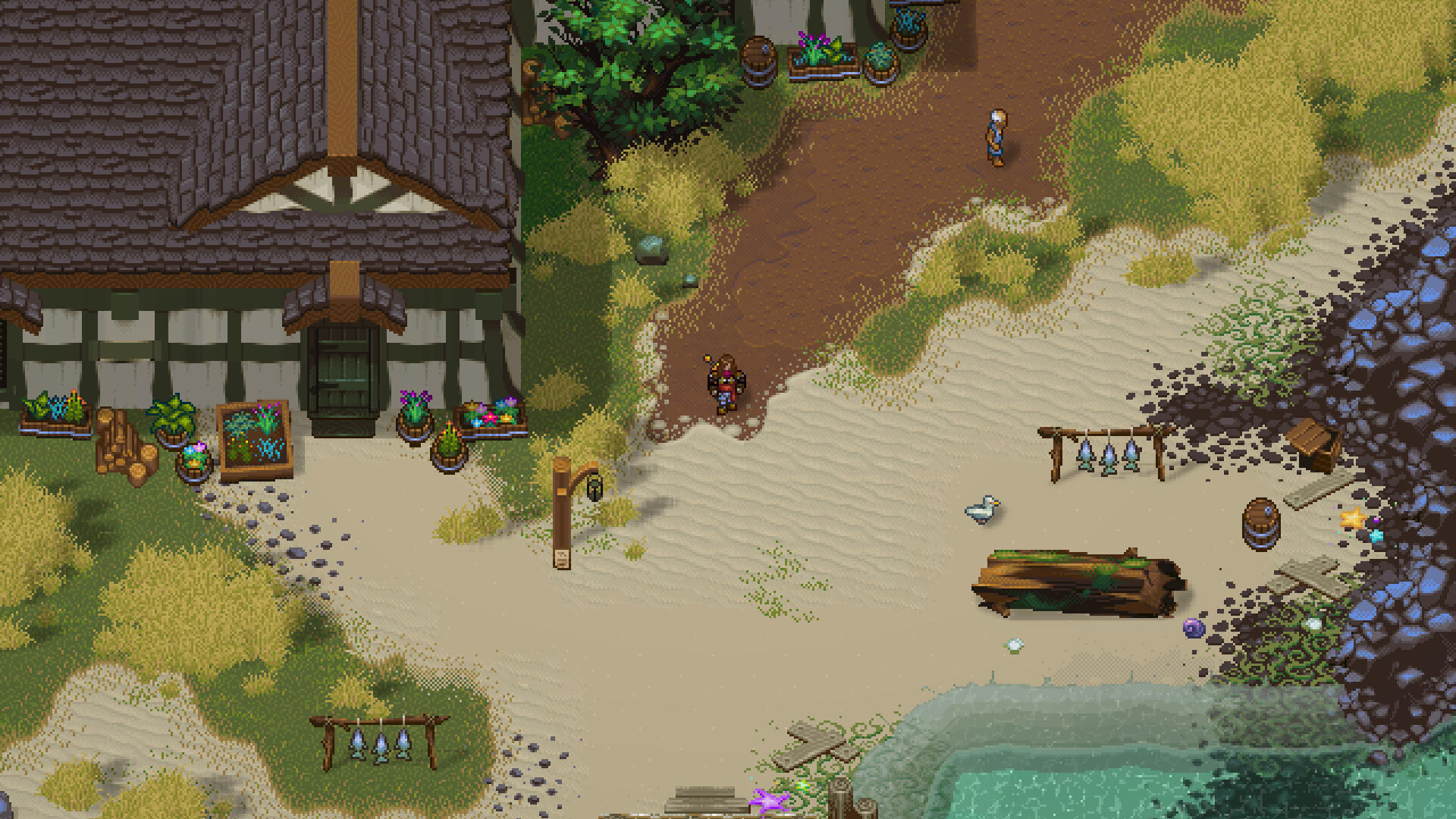 World of Anterra pixel-art screenshot: a coastal village with fish racks, a white duck and a timbered house by the water.