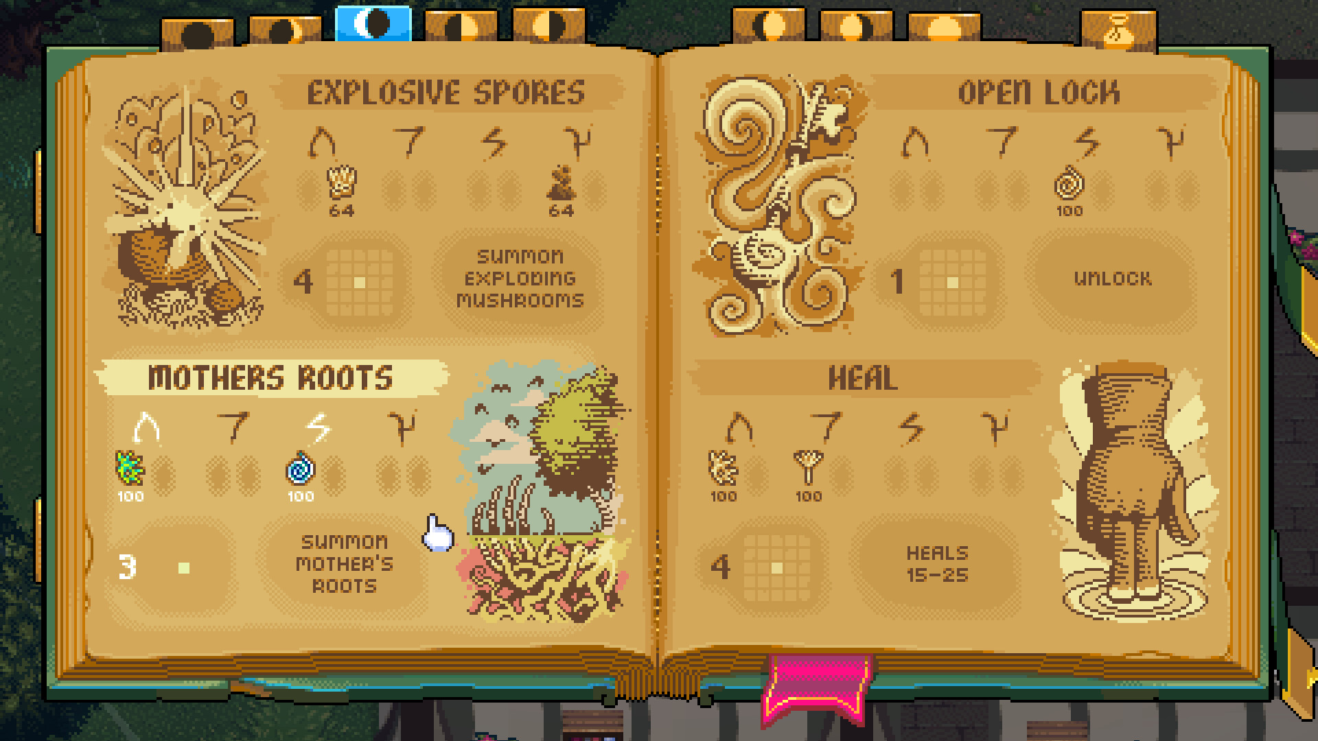 World of Anterra pixel-art screenshot: an open green spellbook showing Explosive Spores, Mothers Roots, Open Lock and Heal.